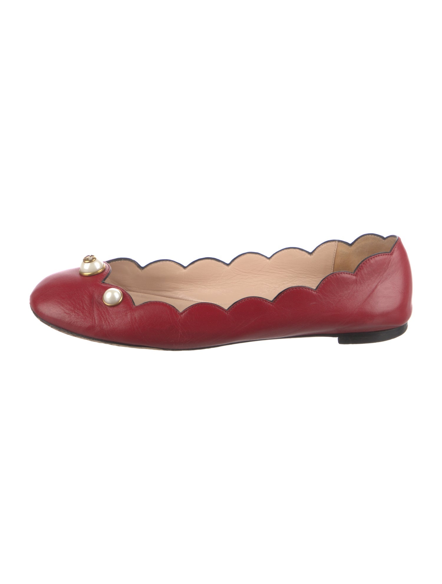 Gucci Faux Pearl Accents Leather Ballet Flats